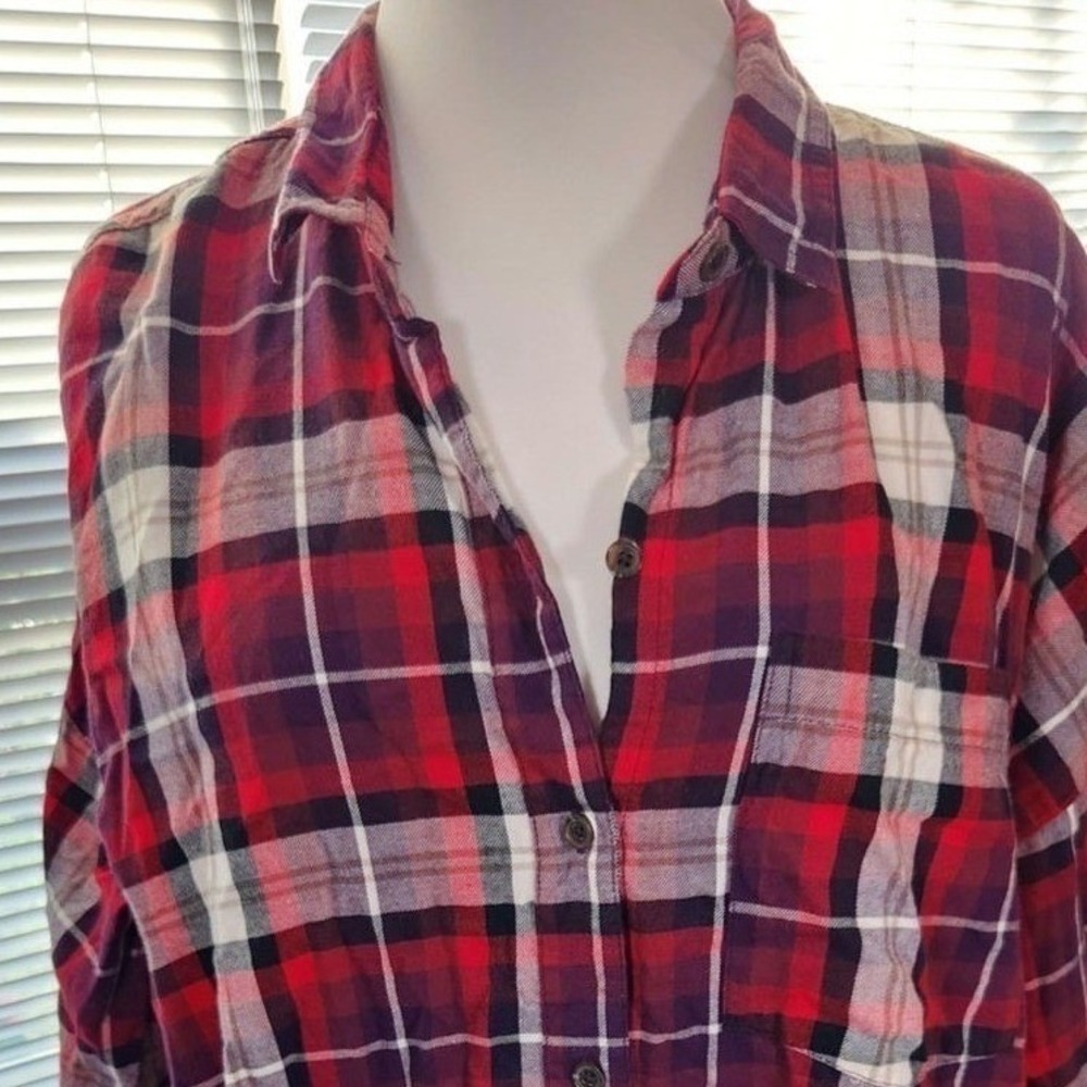 Old Navy XL $37 Red Plaid Boyfriend Flannel Cotton Shirt Lumbersexual Fall
